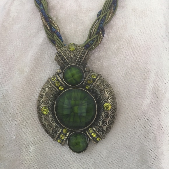 Green Pendant Necklace & Twisted Ribbon/Bead Chain - Picture 2 of 8